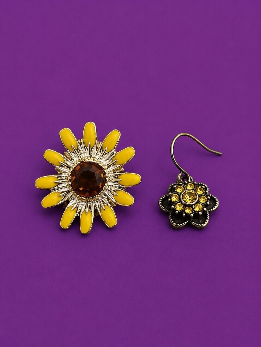 3/$30 Vintage Mismatched Yellow Sunflower Floral Dangle Hook Post Earrings
